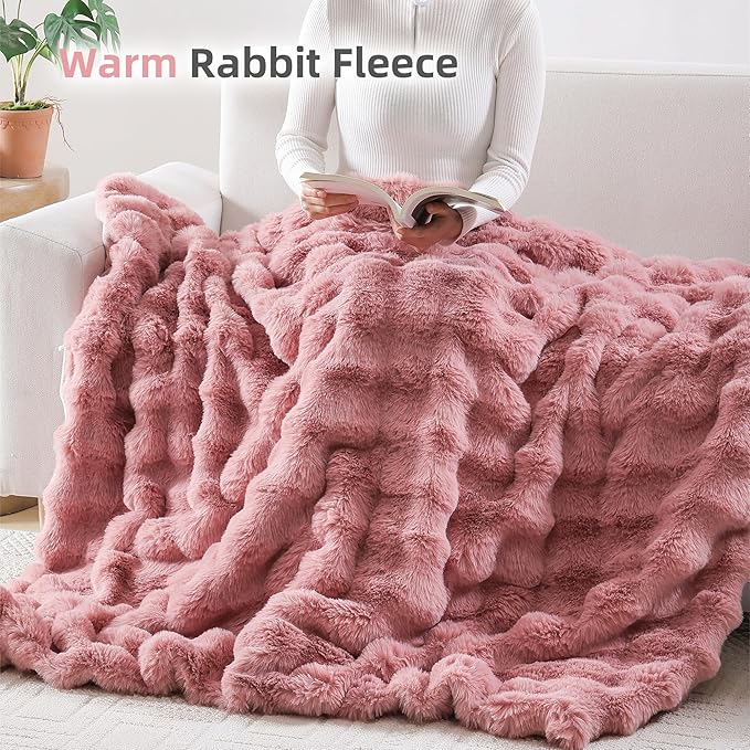 Smoofy Faux Fur Throw Blanket for Couch – Old Pink Fluffy Cozy Rabbit Fleece, Plush Soft Bubble Blanket for Sofa & Bed, for Mom, Warm Fuzzy Home Room Decor Throw 60" x 80"