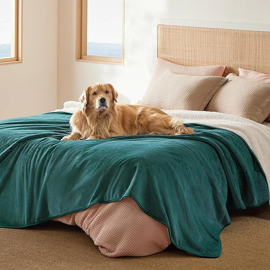 Bedsure Waterproof Blanket for Bed - Sherpa Fleece Waterproof Dog Blankets for Large Dogs, Pet Blankets for Bed/Couch/Dog Crate, Soft Plush Reversible Furniture Protector, Queen Size, 90"x86", Green