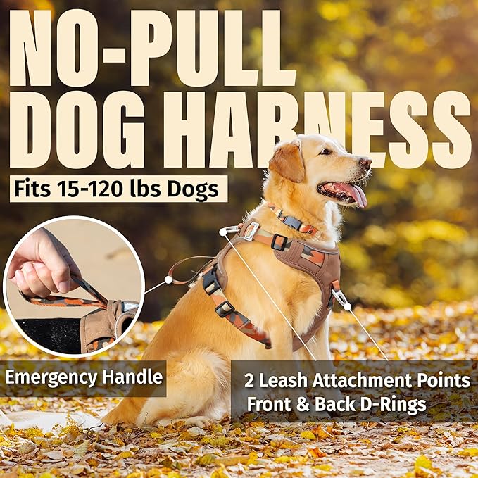 No Pull Dog Harness with Front & Back D-Rings,Water-Repellent 600D Oxford Fabric for Hiking,Training,Walking,Reflective Adjustable Vest,Lightweight Hardware Fit for Small Sized Dogs,Camo Orange XS