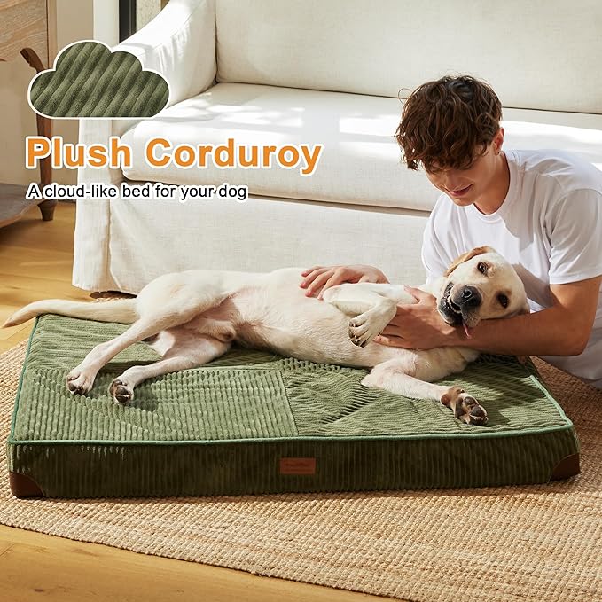 FUKUMARU Dog Bed, Plush Corduroy Orthopedic Dog Beds with Removable Washable Cover, XL Waterproof Dogs Bed for Crate, Egg Crate Foam Support Pet Mat, Cozy Pet Bed Mat with Anti-Slip Bottom, Green