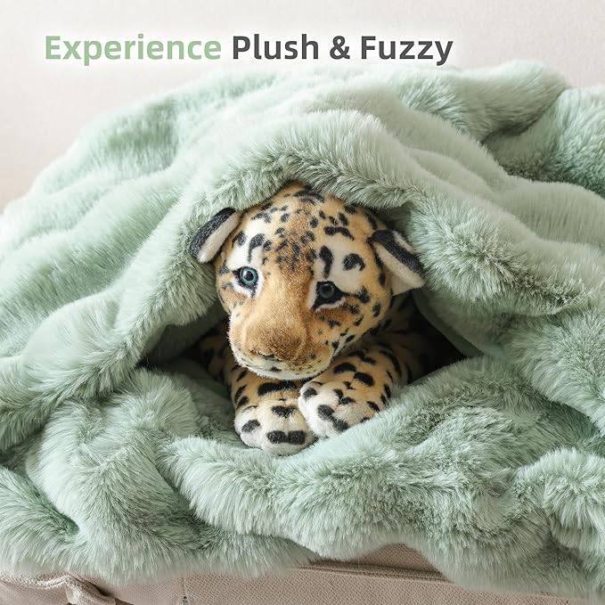 Smoofy Faux Fur Throw Blanket for Couch – Sage Fluffy Cozy Rabbit Fleece, Plush Soft Bubble Blanket for Sofa & Bed, for Mom, Warm Fuzzy Home Room Decor Throw 60" x 80"