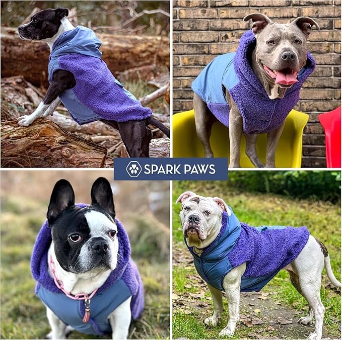 Spark Paws Reversible Dog Sweater, Sherpa Jacket Vest with Warm Fleece Lining, Warm Coat for Winter, Suitable for Small Medium, Large, XL XXL Dogs - Purple and Navy Blue - S