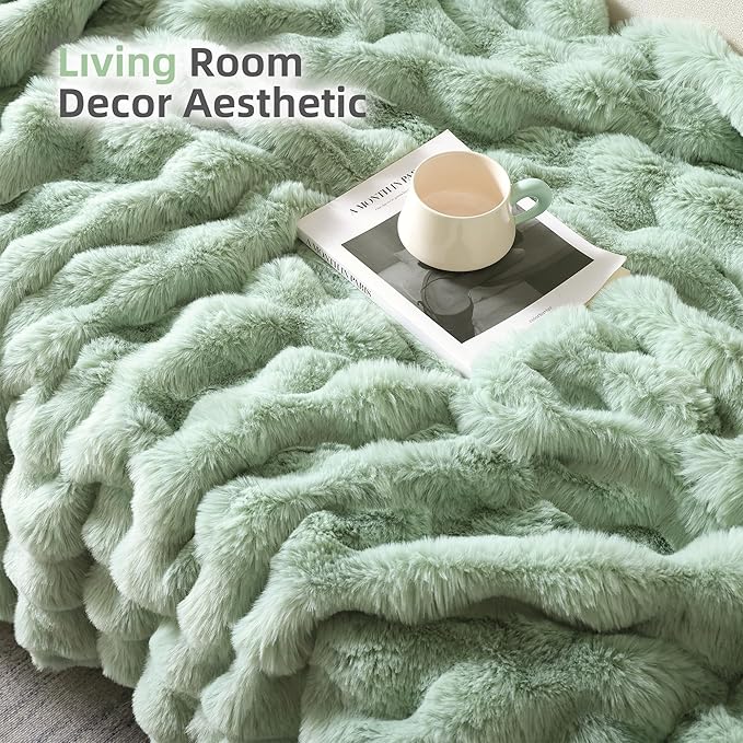 Smoofy Faux Fur Throw Blanket for Couch – Sage Fluffy Cozy Rabbit Fleece, Plush Soft Bubble Blanket for Sofa & Bed, for Mom, Warm Fuzzy Home Room Decor Throw 60" x 80"