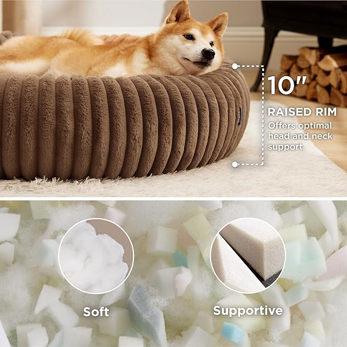 Bedsure Donut Large Dog Bed - Washable Faux Fur with Corduroy Fleece & Anti Slip Bottom, Round Pet Bed with Removable Cover, Camel Brown, 36x36x8 inches