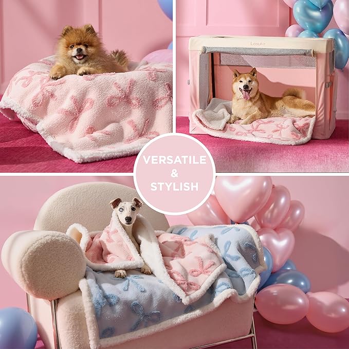 Lesure Waterproof Puppy Blanket for Small Dogs - Washable Double Sided Dog Blankets with Warm Jacquard Shag and Soft Sherpa Fleece, Pet Cat Blanket for Couch Protection, Bow Design,Pink Taffy