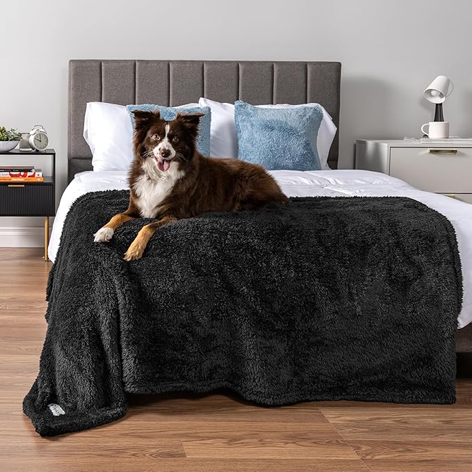 PetAmi Fluffy Waterproof Dog Blanket for Medium Large Dogs, Soft Warm Pet Sherpa Throw Pee Proof Couch Cover, Reversible Cat Bed Blanket Sofa Protector, Plush Washable Pad (Black, 40x60)