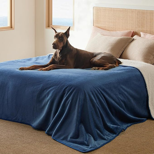 Bedsure Waterproof Blanket for Bed - Sherpa Fleece Waterproof Dog Blankets for Large Dogs, Pet Blankets for Bed/Couch/Dog Crate, Soft Plush Reversible Furniture Protector, King Size, 108"x86", Blue