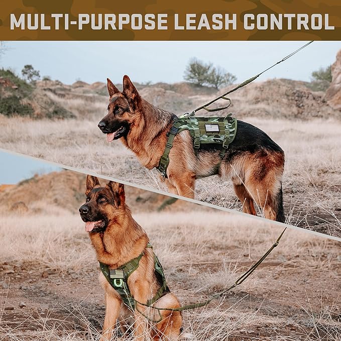Forestpaw Tactical Dog Harness Tactical Dog Collar with Bungee Leash Set,No Pull Military Dog Harness for Walking Training,Adjustable for Medium Large Dogs,Camouflage Green,Chest 15.5-25.5"