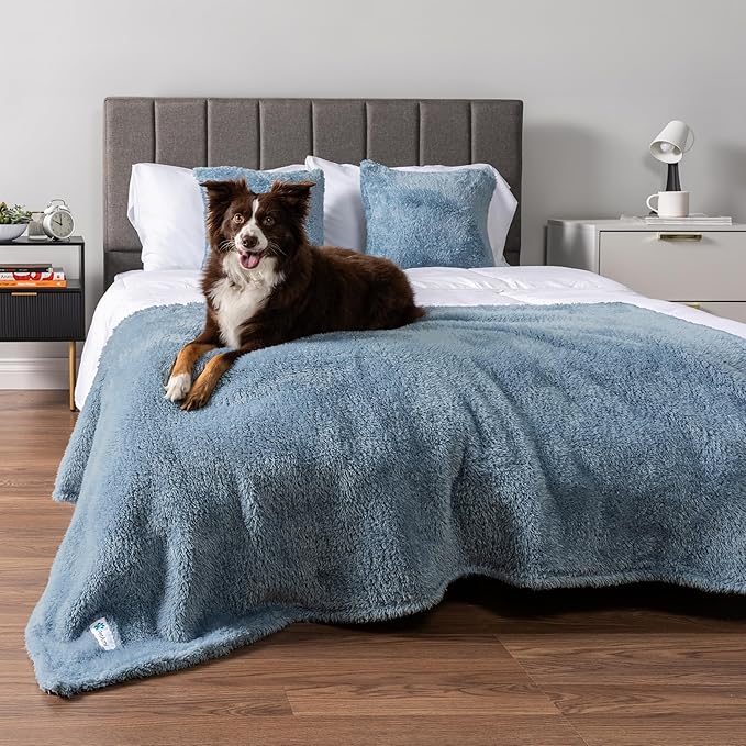 PetAmi Fluffy Waterproof Dog Blanket for Medium Large Dogs, Soft Warm Pet Sherpa Throw Pee Proof Couch Cover, Reversible Cat Bed Blanket Sofa Protector, Plush Washable Pad (Dusty Blue, 40x60)