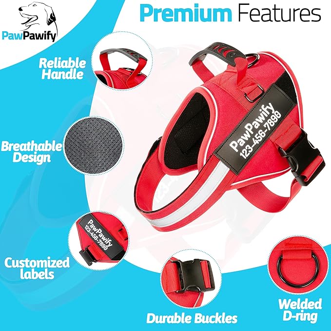 PawPawify Custom No Pull Dog Harness with Name and Phone Number, Heavy Duty Personalized Pet Vest to Prevent Tugging, Pulling, or Choking, Training and Walking (New Red, S (10-19LBS))