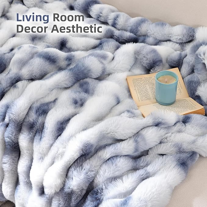 Smoofy Faux Fur Throw Blanket for Couch Rabbit Fleece - Tie-dye Blue Fluffy Blanket for Sofa Bedroom Living Room, Cozy Soft Plush Luxury Thick Winter Fuzzy Comfy Bubble Blanket - 50" x 60"