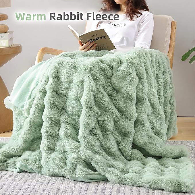 Smoofy Faux Fur Throw Blanket for Couch – Sage Fluffy Cozy Rabbit Fleece, Plush Soft Bubble Blanket for Sofa & Bed, for Mom, Warm Fuzzy Home Room Decor Throw 60" x 80"