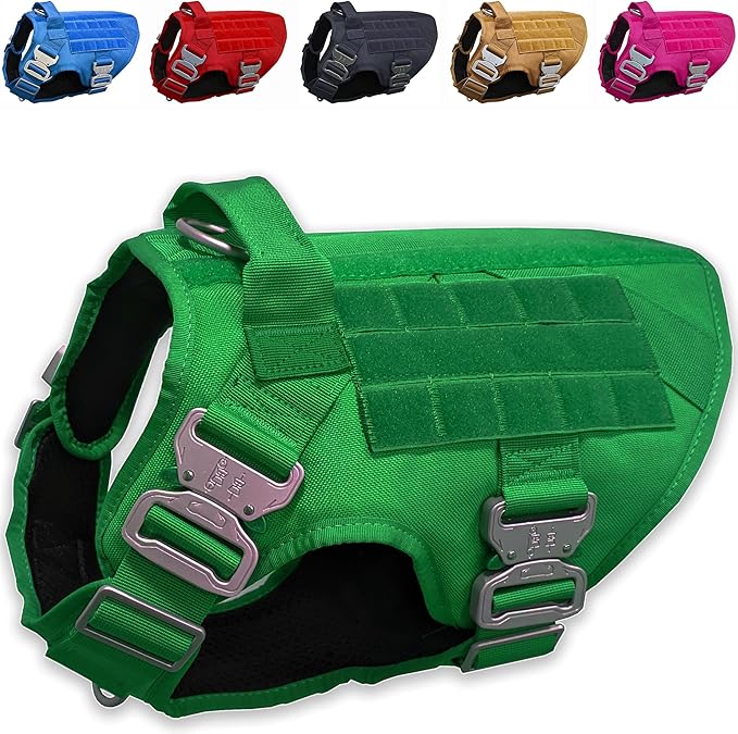Tactical Dog Harness with 4 Metal Buckles; Waterproof, Military Grade Dog Vest; no-pulls but Does not Choke Neck; Great with Prevents Escapes, Heavy-Duty Dog Harness for Large Dogs Green (L)