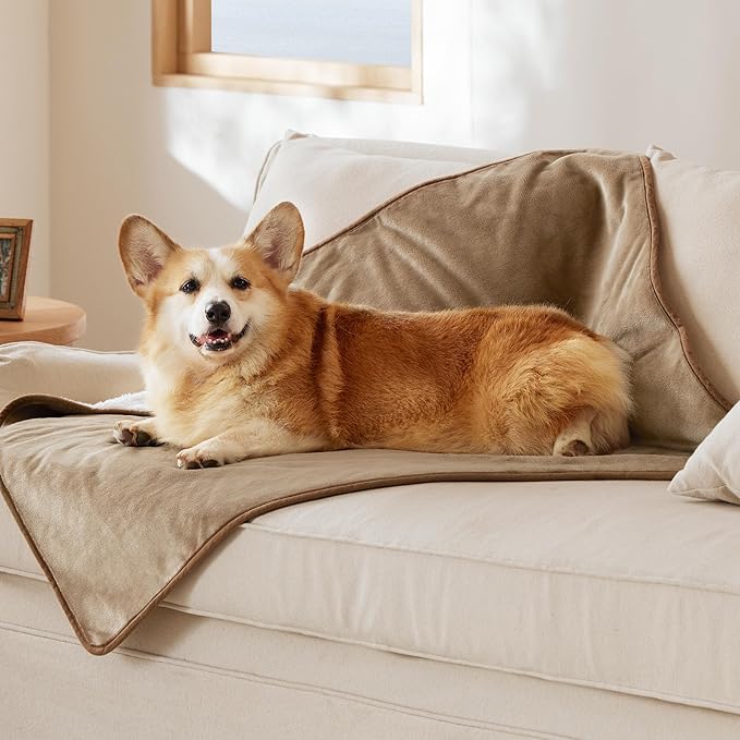 Bedsure Waterproof Dog Blankets for Large Dogs - Large Cat Blanket Washable for Couch Protection, Sherpa Fleece Puppy Blanket, Soft Plush Reversible Throw Furniture Protector, 40"X50", Camel