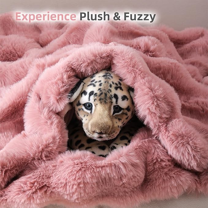 Smoofy Faux Fur Throw Blanket for Couch – Old Pink Fluffy Cozy Rabbit Fleece, Plush Soft Bubble Blanket for Sofa & Bed, for Mom, Warm Fuzzy Home Room Decor Throw 60" x 80"