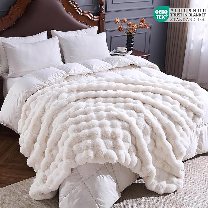 Faux Fur Throw Blanket for Couch, Fluffy Fuzzy Plush Bubble Blanket, Soft Warm Cozy Shaggy Rabbit Blanket, Luxury Decorative Gifts for Sofa Bedroom Living Room, 60x80inch (Beige)