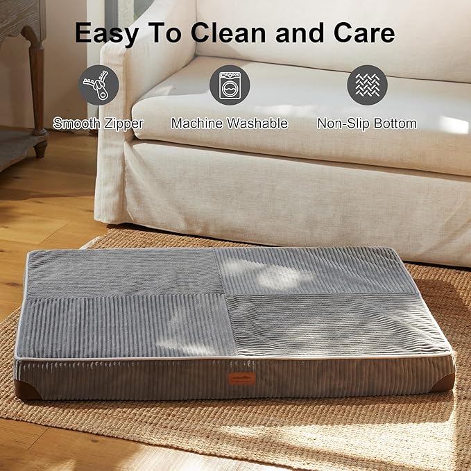 FUKUMARU Dog Bed, Plush Corduroy Orthopedic Dog Beds with Washable Cover, Large Waterproof Dogs Bed for Crate, Egg Crate Foam Support Pet Mat, Cozy Pet Bed Mat with Anti-Slip Bottom, Grey