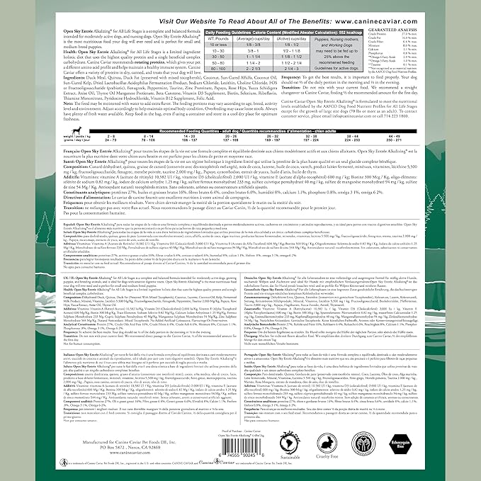 Canine Caviar - Open Sky: Duck & Teff Alkaline Dry Dog Food, Limited Ingredients, Gluten-Free, Based on Science & Research, Veterinary Alternative Diet (4.4 Pound Bag)