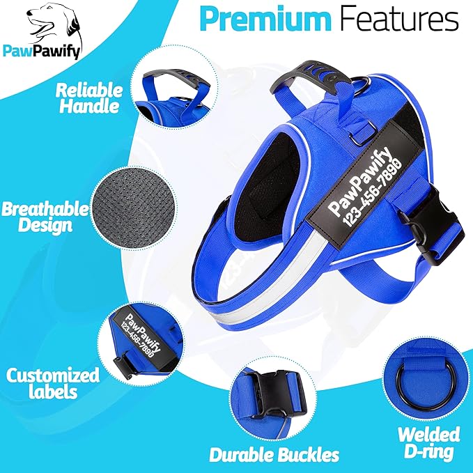 PawPawify Custom No Pull Dog Harness with Name and Phone Number, Heavy Duty Personalized Pet Vest to Prevent Tugging, Pulling, or Choking, Training and Walking (New Blue, S (10-19LBS))