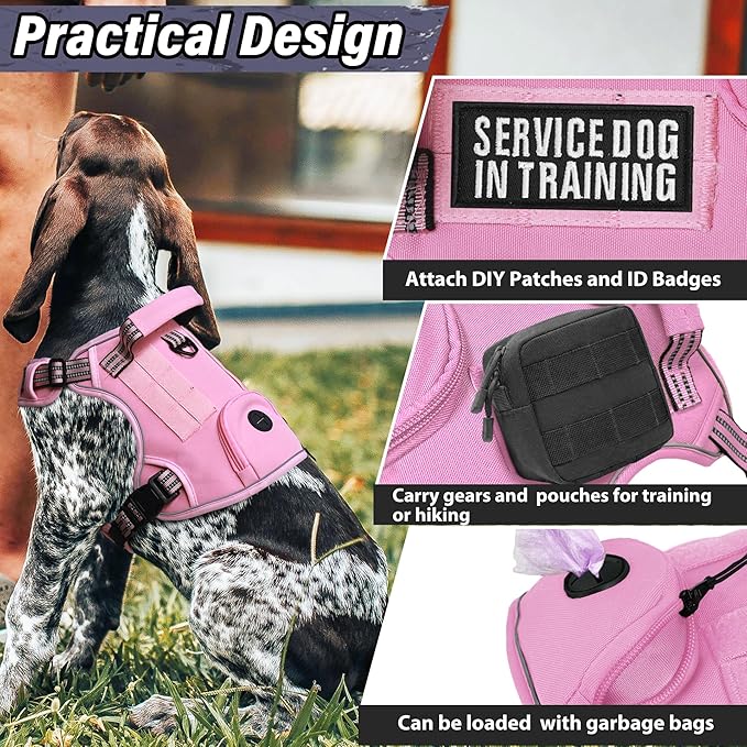 Heavy Duty Tactical Dog Harness for Large Dogs, Adjustable Reflective Service Vest with Control Handle & 4 Patches, No Pull Soft Padded Military Pet Harness for Training Walking Hiking (Pink, M)