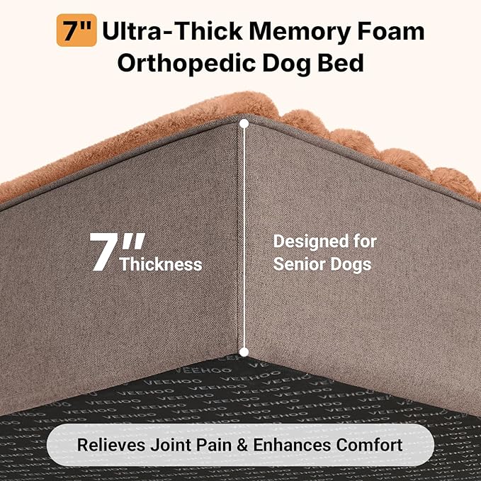 Veehoo Orthopedic Dog Bed for Large Senior Dogs, 7 Inch Thick XL Memory Foam Dog Bed with L Shaped Bolsters, Orthopedic Pet Couch with Waterproof Liner & Removable Washable Cover, 48"x30"x7"