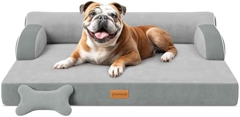 Large Orthopedic Dog Bed, Pet Bed Large Size Dog, Dual-Sided Cooling Beds with Memory Foam Washable Cover Nonslip Bottom, Waterproof Pet Beds with Bolsters, Light Grey