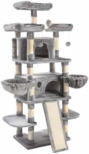 SHA CERLIN 68 Inches Multi-Level Large Cat Tree for Large Kitties/Big Cat Tower with Condo/Cozy Plush ‌Pussycat Perches/Sisal Scratching Posts and Hammocks/Activity Center/Grey