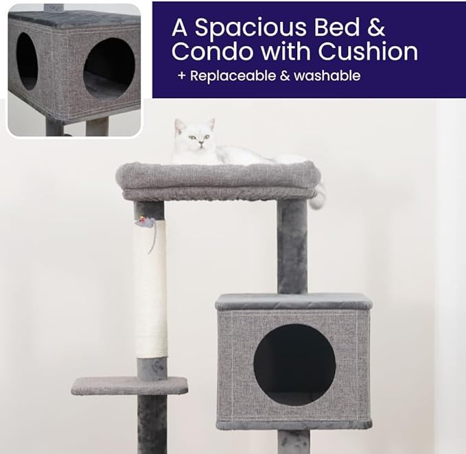 Catry Minimalistic Contemporary Cat Tree 49 Inch 5 Level with Two Natural Sisal Scratching Posts and Ramp, Large, Yara