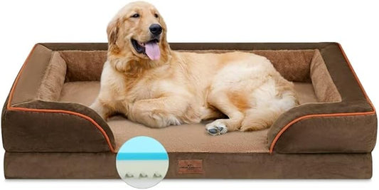 Comfort Expression Orthopedic Dog Bed for Extra Large Dogs 42x30 Inch, Waterproof Supportive Memory Foam XL Pet Bed with Removable Bolster, Dog Couch with Washable Cover & Non-Slip Bottom, Khaki Brown