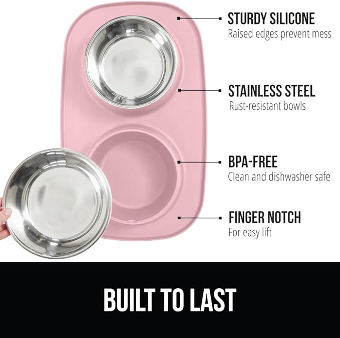 GORILLA GRIP Feeding Mat Set, Patent Pending 100% Waterproof BPA Free Silicone, Stainless Steel Cat and Dog Bowls, Slip Resistant, High Edges Catch Water, Food, US Designed Pet Accessories, 1 Cup Pink