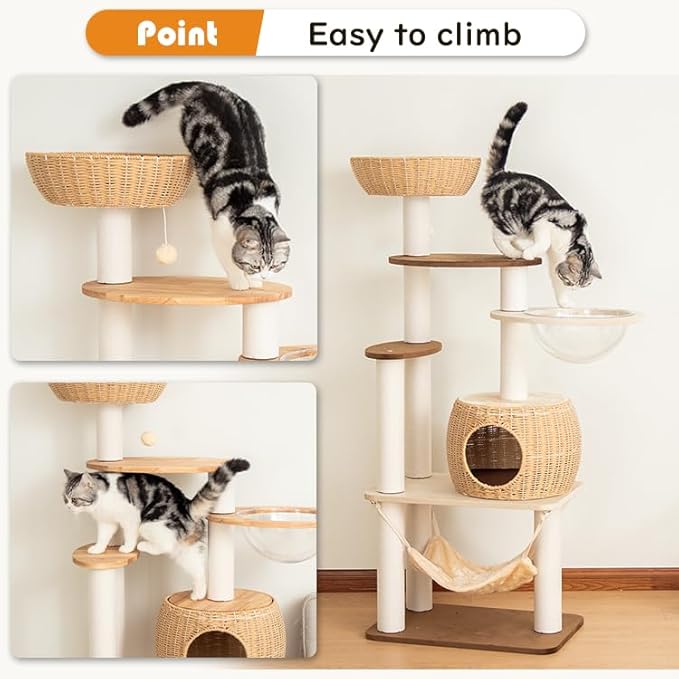 Modern Cat Tree for Large Cat, 56.7-Inch Tall Cat Tower with Scratching Post for Indoor Cats, Multi-Level Cat Condo with Hand-Woven Cat Bed and Hammock Acrylic Bowl (Particleboard 56.7in)