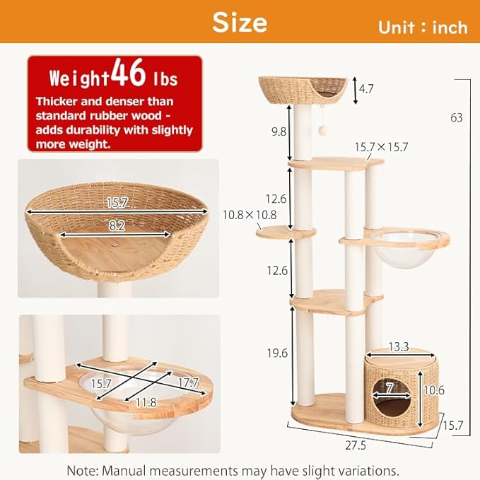 Wood Cat Tree for Large Cat, 63-Inch Tall Cat Tower with Scratching Post for Indoor Cats, Multi-Level Cat Condo with Hand-Woven Cat Bed and Acrylic Bowl Easy to Clean (White-63'')