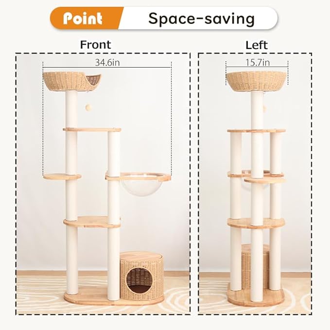 Wood Cat Tree for Large Cat, 63-Inch Tall Cat Tower with Scratching Post for Indoor Cats, Multi-Level Cat Condo with Hand-Woven Cat Bed and Acrylic Bowl Easy to Clean (White-63'')