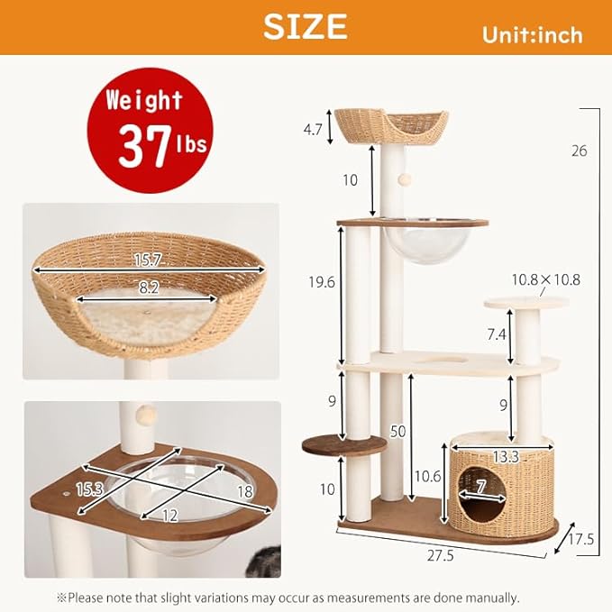 Modern Cat Tree for Large Cat, 53-Inch Tall Cat Tower with Scratching Post for Indoor Cats, Multi-Level Cat Condo with Hand-Woven Cat Bed and Acrylic Bowl Easy to Clean (Mixcolor 132cm)