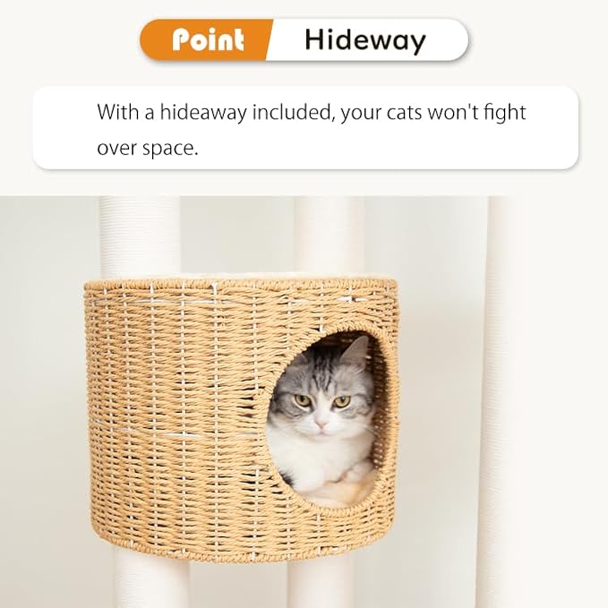Wood Cat Tree for Large Cat, 57-Inch Tall Cat Tower with Scratching Post for Indoor Cats, Multi-Level Cat Condo with Hand-Woven Cat Bed and Acrylic Bowl Easy to Clean (Cream Y909S)