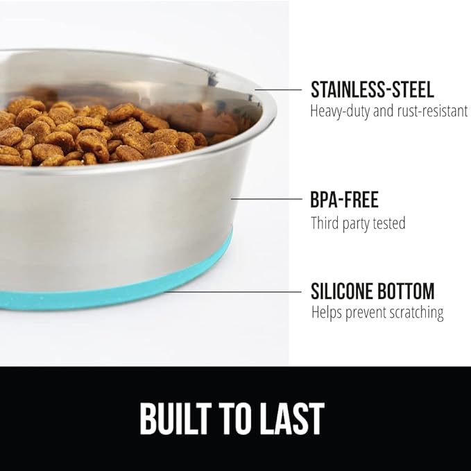 GORILLA GRIP Stainless Steel Metal Dog Bowl, Rubber Base, Heavy Duty Feeding Dish, Food Grade BPA Free, Less Sliding on Floors, Quiet Pet Bowl for Cats and Dogs, Holds 4 Cups (32 fl oz), Turquoise