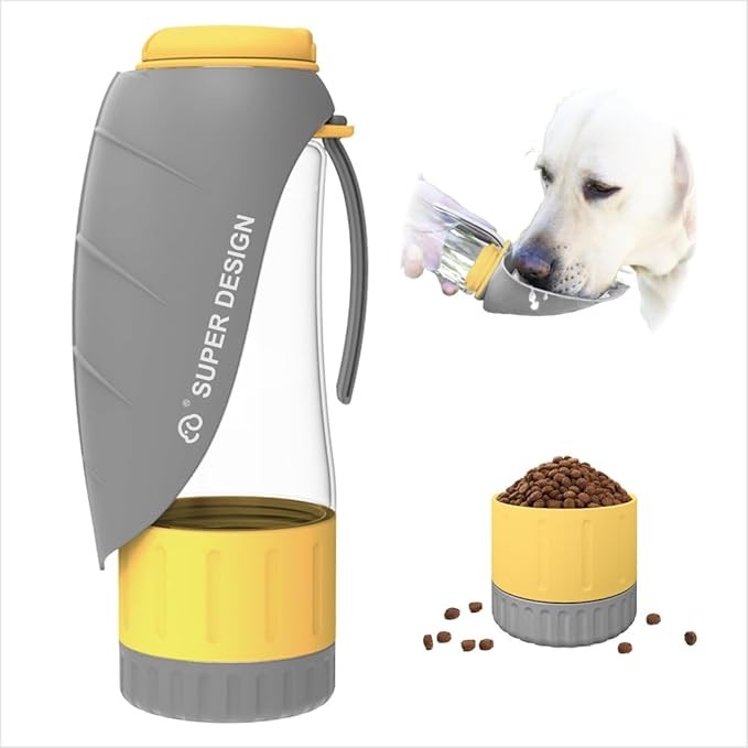 SUPERDESIGN Grey Dog Water Bottle Portable with Food Container, Dog Travel Water Bottle Easy-to-Use, Leak-Proof Design Pet Water Bottle Ideal for Travel,Hiking and Dog Walking Accessories