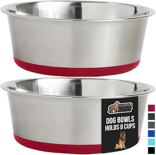 GORILLA GRIP Set of 2 Dog Bowls, Holds 8 Cups (64 fl oz), Heavy Duty Metal Food and Water Bowl for Feeding Dogs and Cats, Dishwasher Safe, Rust Resistant Stainless Steel, BPA Free Rubber Base, Red