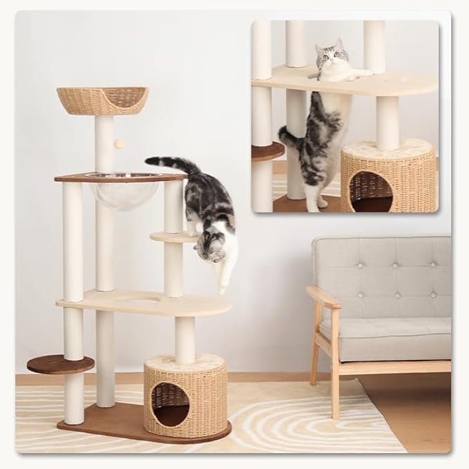 Modern Cat Tree for Large Cat, 56-Inch Tall Cat Tower with Scratching Post for Indoor Cats, Multi-Level Cat Condo with Hand-Woven Cat Bed and Acrylic Bowl Easy to Clean (Mixcolor 142cm)