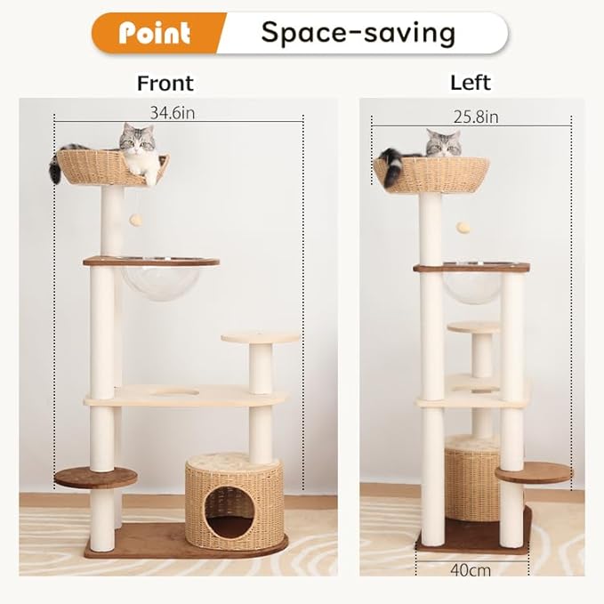Modern Cat Tree for Large Cat, 53-Inch Tall Cat Tower with Scratching Post for Indoor Cats, Multi-Level Cat Condo with Hand-Woven Cat Bed and Acrylic Bowl Easy to Clean (Mixcolor 132cm)