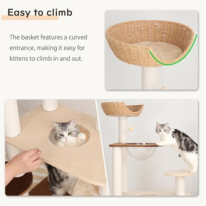 Modern Cat Tree for Large Cat, 53-Inch Tall Cat Tower with Scratching Post for Indoor Cats, Multi-Level Cat Condo with Hand-Woven Cat Bed and Acrylic Bowl Easy to Clean (Mixcolor 132cm)