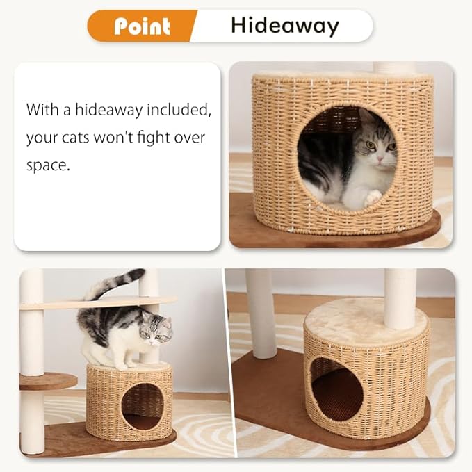 Modern Cat Tree for Large Cat, 53-Inch Tall Cat Tower with Scratching Post for Indoor Cats, Multi-Level Cat Condo with Hand-Woven Cat Bed and Acrylic Bowl Easy to Clean (Mixcolor 132cm)