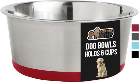 GORILLA GRIP Stainless Steel Metal Dog Bowl, Rubber Base, Heavy Duty Feeding Dish, Food Grade BPA Free, Less Sliding on Floors, Quiet Pet Bowl for Cats and Dogs, Holds 6 Cups (48 fl oz), Red