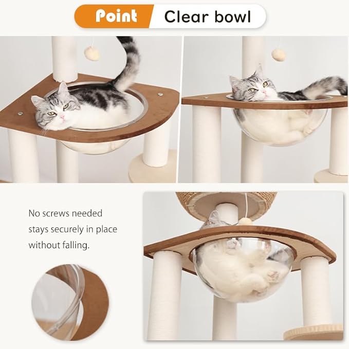 Modern Cat Tree for Large Cat, 56-Inch Tall Cat Tower with Scratching Post for Indoor Cats, Multi-Level Cat Condo with Hand-Woven Cat Bed and Acrylic Bowl Easy to Clean (Mixcolor 142cm)