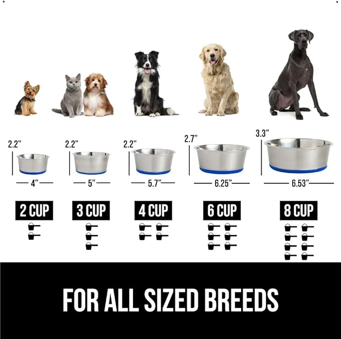 GORILLA GRIP Set of 2 Dog Bowls, Heavy Duty Metal Food and Water Bowl for Feeding Dogs and Cats, Dishwasher Safe, Rust Resistant Stainless Steel, BPA Free Rubber Base, Holds 2 Cups (16 fl oz), Blue