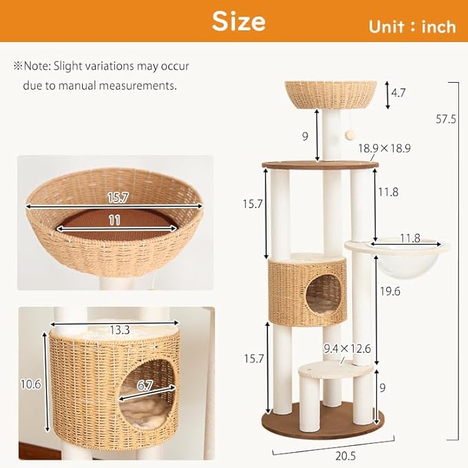 Modern Cat Tree for Large Cat, 57-Inch Tall Cat Tower with Scratching Post for Indoor Cats, Multi-Level Cat Condo with Hand-Woven Cat Bed and Acrylic Bowl Easy to Clean (Y909)