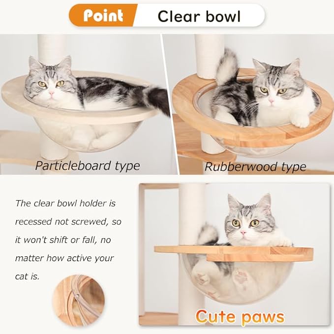 Wood Cat Tree for Large Cat, 57-Inch Tall Cat Tower with Scratching Post for Indoor Cats, Multi-Level Cat Condo with Hand-Woven Cat Bed and Acrylic Bowl Easy to Clean (Cream Y909S)