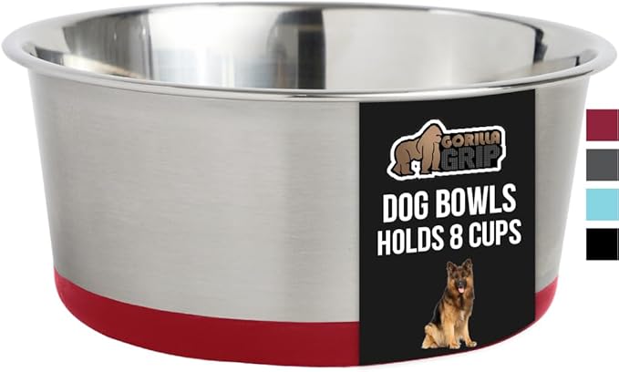 GORILLA GRIP Stainless Steel Metal Dog Bowl, Rubber Base, Heavy Duty Feeding Dish, Food Grade BPA Free, Less Sliding on Floors, Quiet Pet Bowl for Cats and Dogs, Holds 8 Cups (64 fl oz), Red