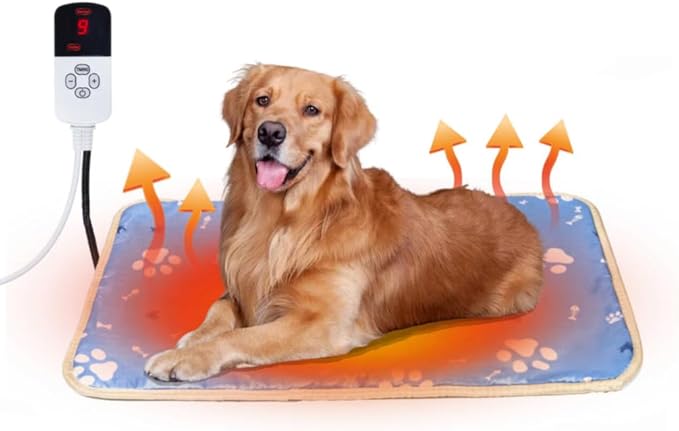 Dog Heating Pad 34"*21" for Outdoor Cat, 9 Adjustable Temperature Pet Heating Pad with Timer, Indoor Warming Waterproof Heated Dog Bed Mat with Line Protection Tube, Replacement Cover for Puppy Kitten