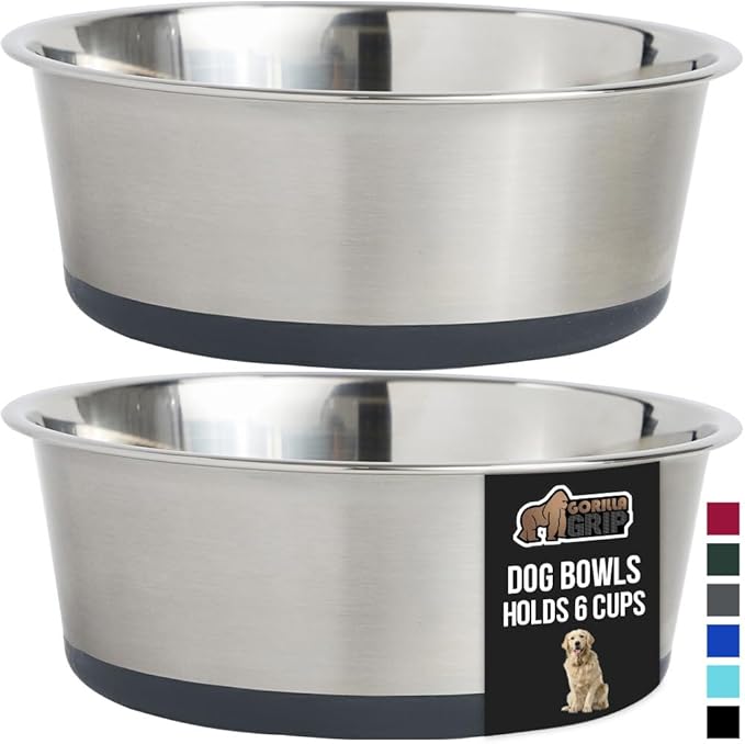 GORILLA GRIP Set of 2 Dog Bowls, Holds 6 Cups (48 fl oz), Heavy Duty Metal Food and Water Bowl for Feeding Dogs and Cats, Dishwasher Safe, Rust Resistant Stainless Steel, BPA Free Rubber Base, Gray